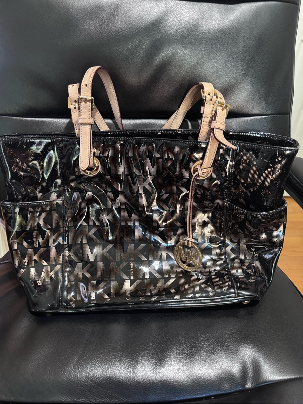 Michael Kors Black Patent MK Signature Logo Large Tote Shoulder Bag